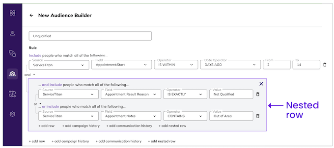 audience builder v2 - nested row example