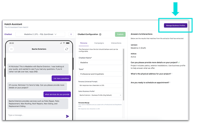 hatch ai setup - business profile