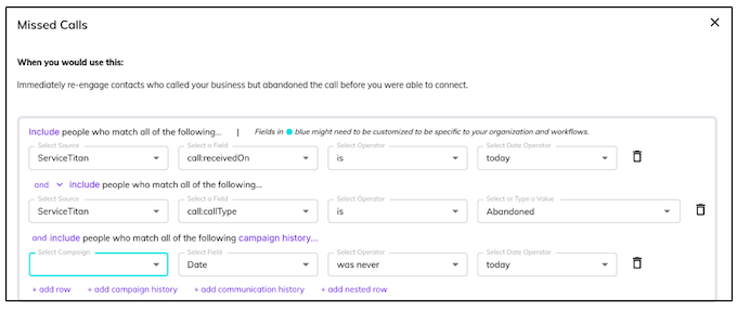 servicetitan abandoned call audience template