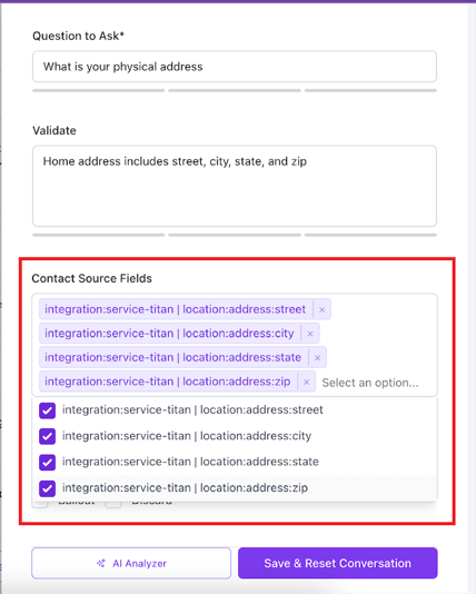 hatch conversational ai texting - train your bot feature - contact source fields box